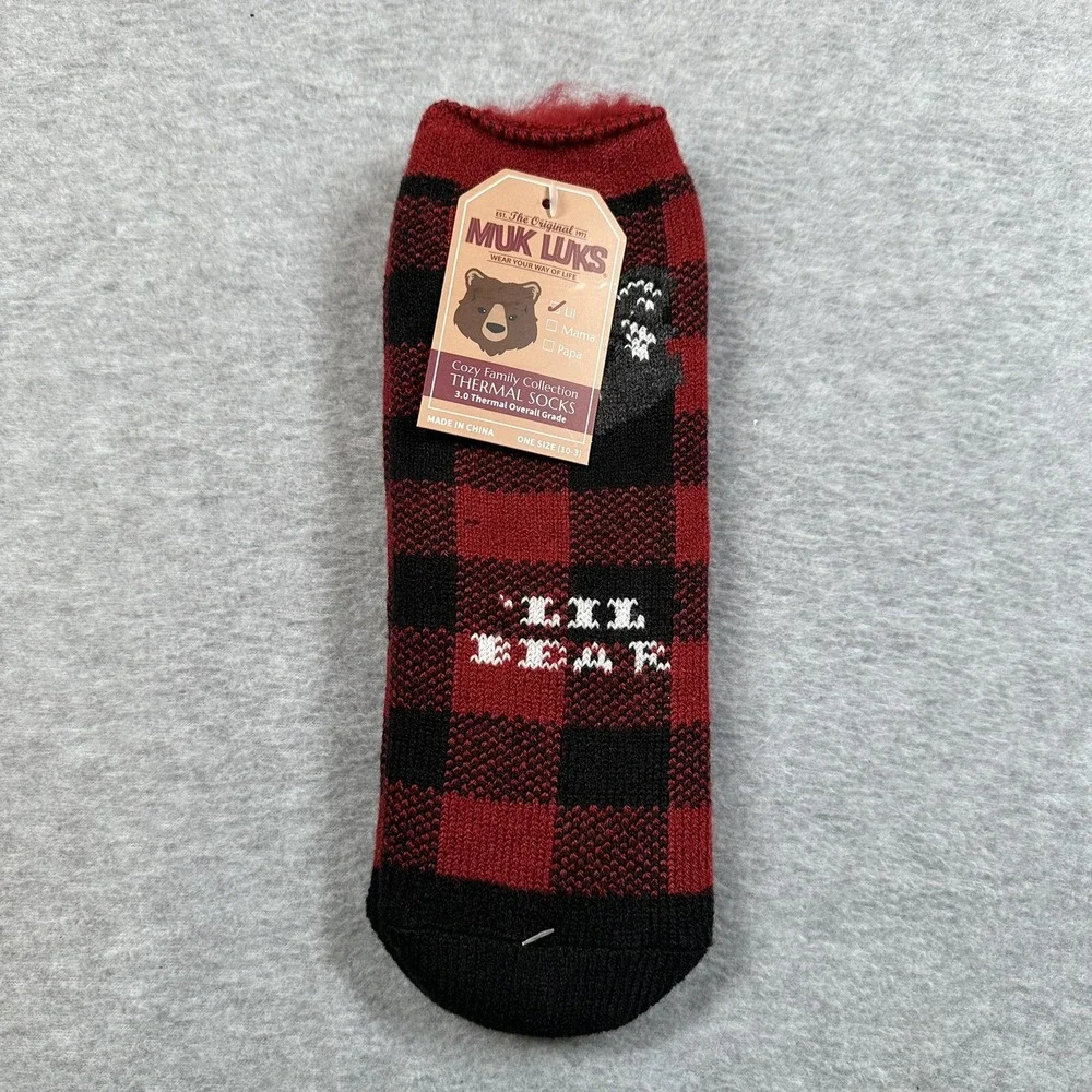 NWT Muk Luks Lil Bear Children's Thermal Socks 10-3 Red Black Plaid 1 Pack